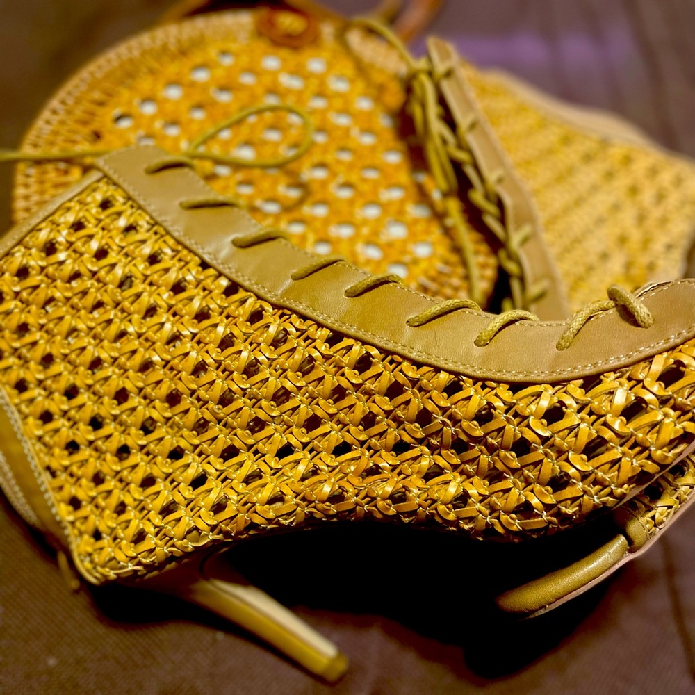 Cato tan woven bootie and matching Handwoven Rattan Crossbody Bag! 2 items